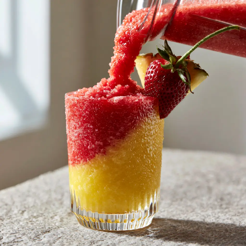 A close up of two pineapple strawberry slushies on a stone countertop with condensation on the glasses and frosty micro-ice crystals visible.