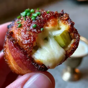 Extreme close-up of a hand holding a single bacon-wrapped pickle popper with a bite taken out, revealing melted cream cheese. (pickle poppers)