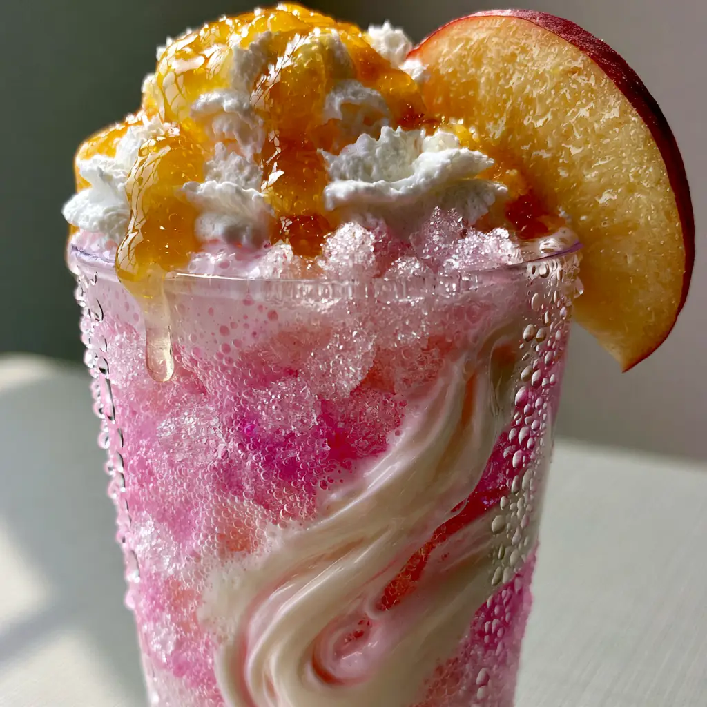 Close-up of pink fizzy soda and crushed nugget ice layers. (Sonic Princess Peach drink)