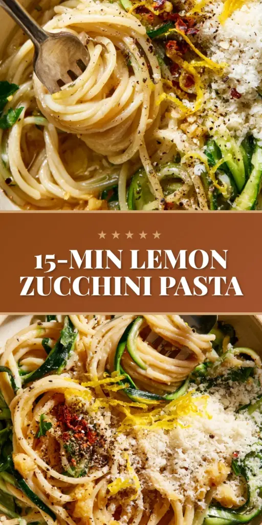 A smartphone photo of a fork lifting a swirl of glistening summer pasta with green zucchini ribbons and lemon zest curls in a cream bowl.