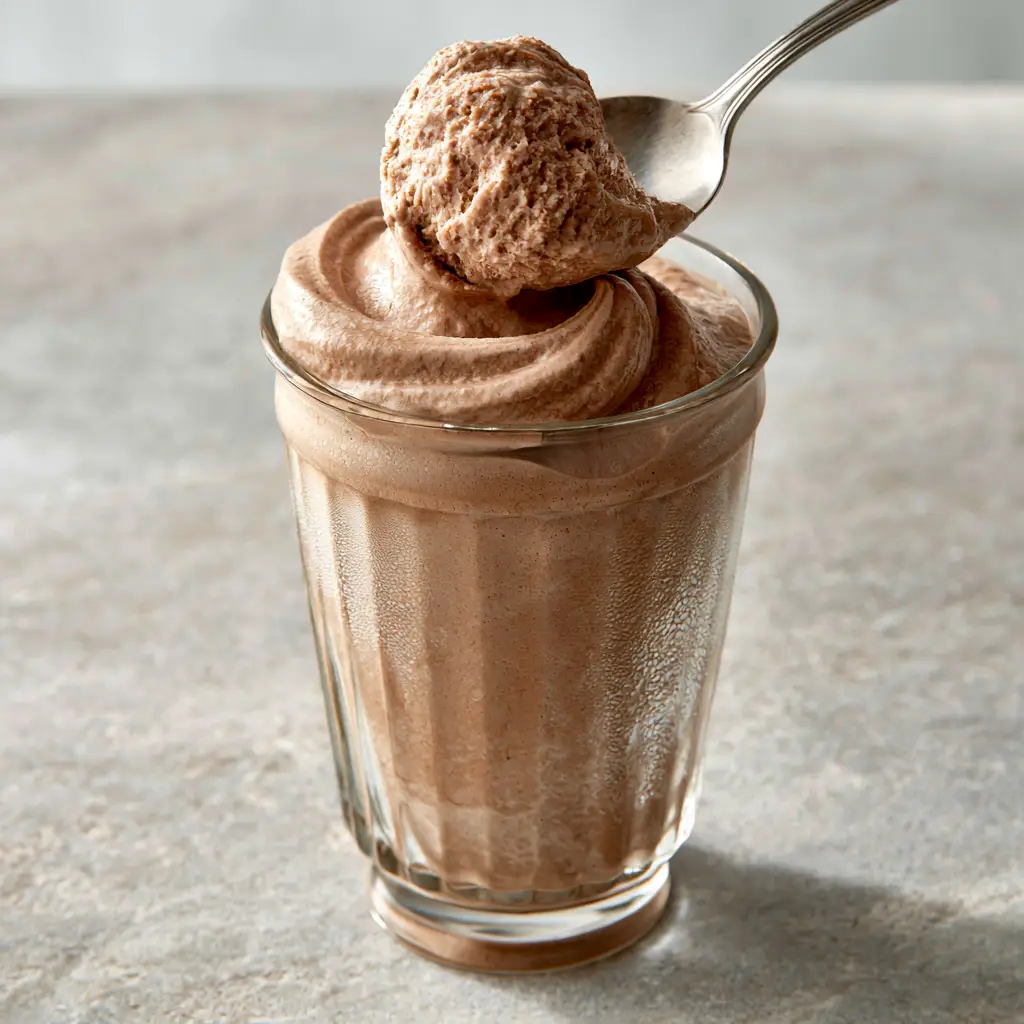 Wendy’s Frosty Slushie Recipe: The Secret to a Thick, Velvety Copycat 1 A silver spoon scooping into a thick chocolate frosty in a glass with condensation.