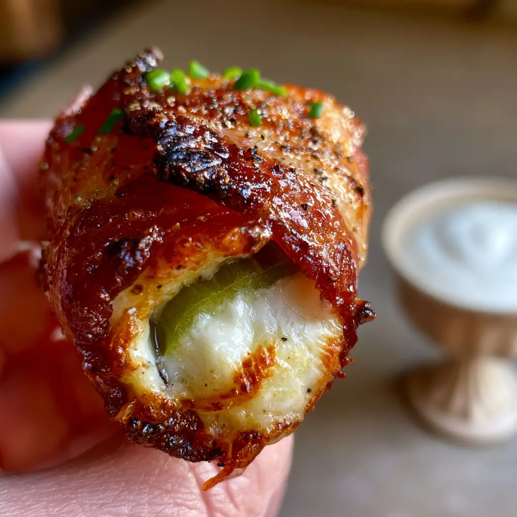 Pickle Poppers: The Ultimate Crispy Bacon-Wrapped Appetizer 1 Detailed shot of charred mahogany bacon edges on a pickle popper with cracked black pepper and chives.