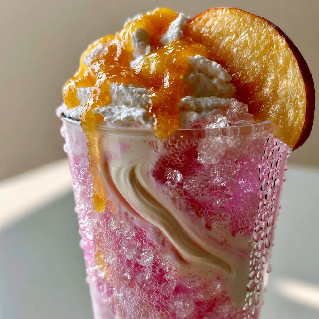 Heavy cream swirling through a pink peach flavored soda.