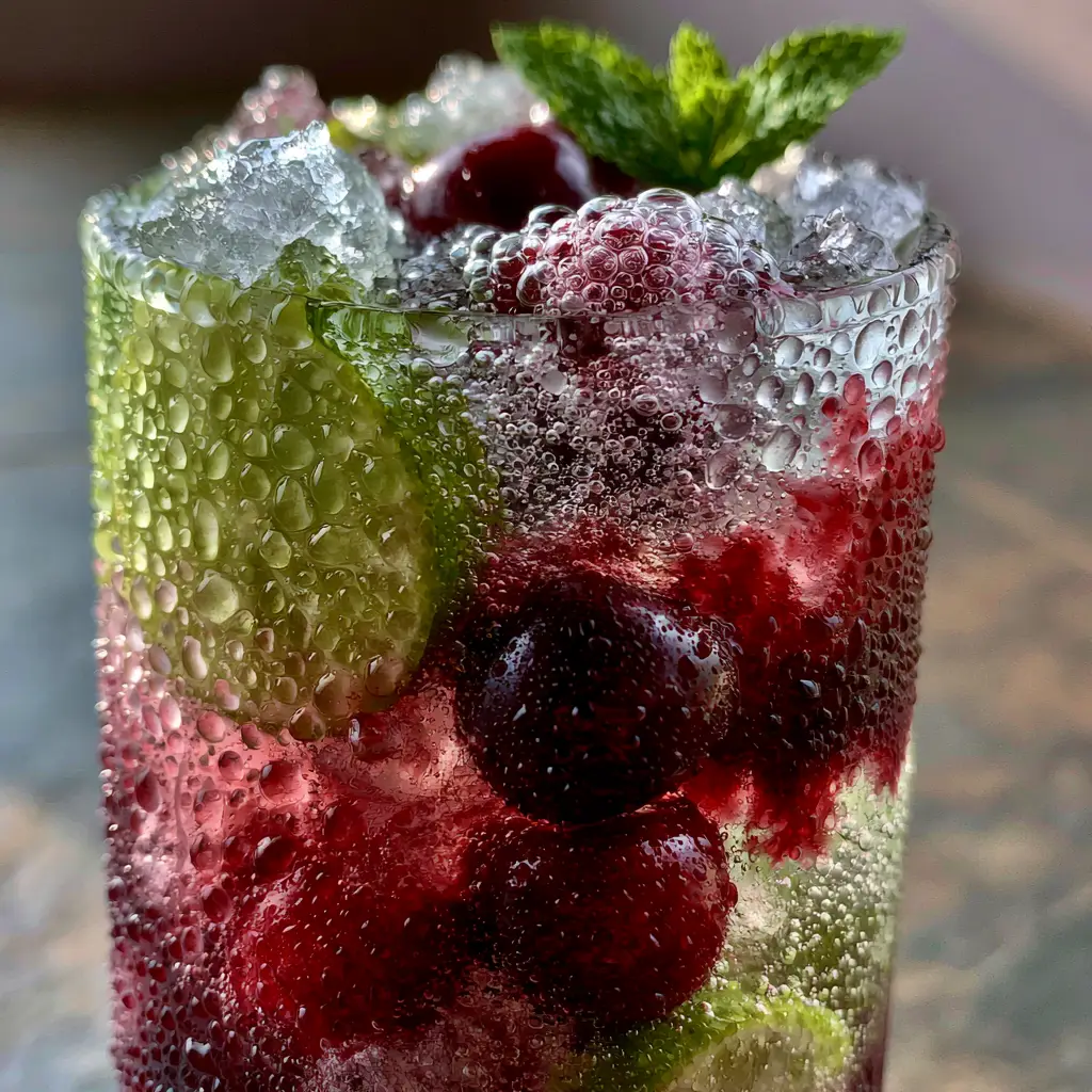 Close-up of sparkling soda water and cherry syrup blending in a glass with condensation. (cherry limeade recipe)