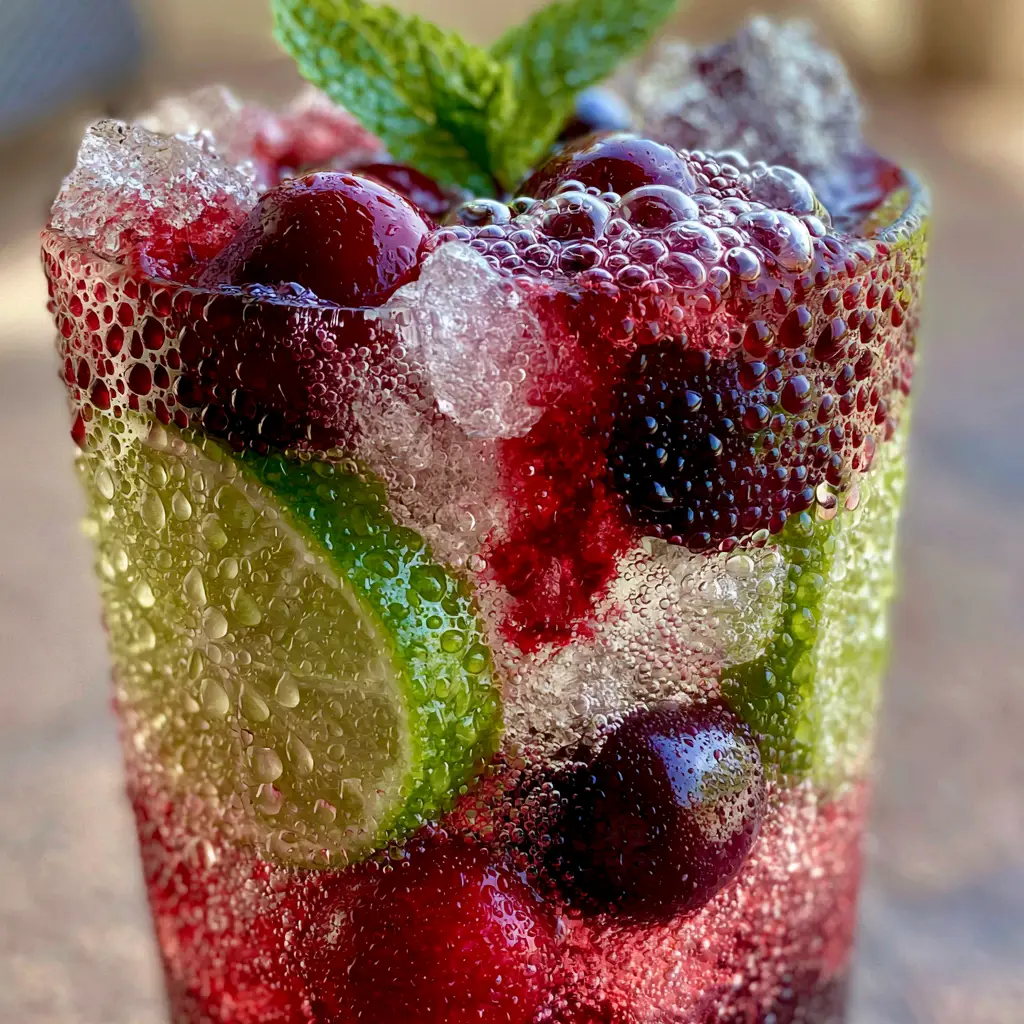 Cherry Limeade Recipe: The Ultimate Refreshing Summer Sparkler 1 A handheld glass of cherry limeade with fresh mint and dark red cherries against a blurred patio background.