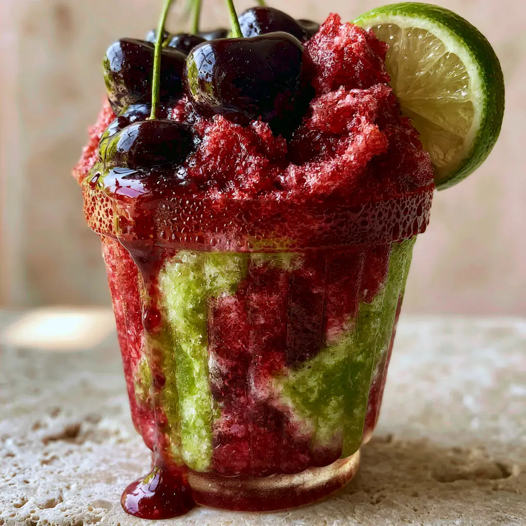 Fine ruby-red shaved ice texture in a glass with bright green lime juice swirls. (Cherry Limeade Slushies)