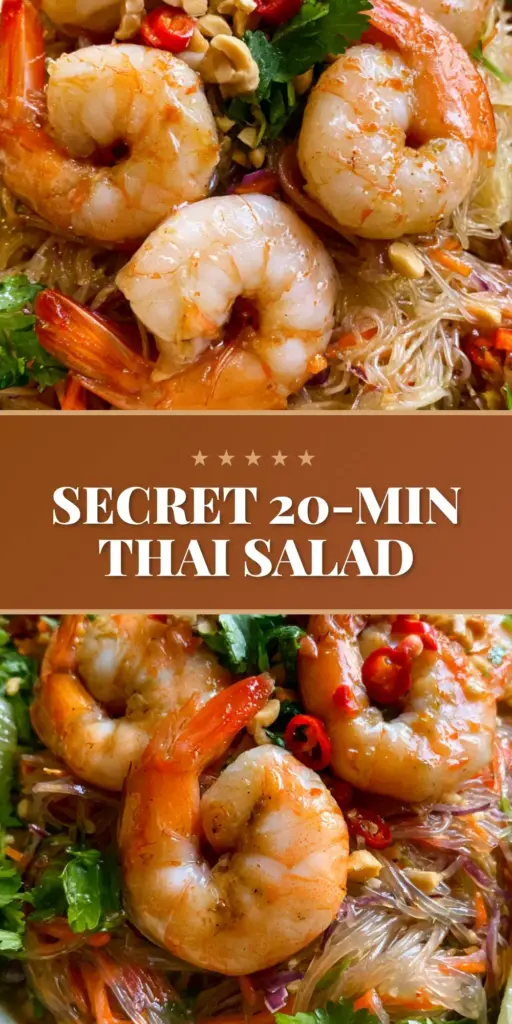 Thai Shrimp Noodle Salad with Zesty Lime and Bird’s Eye Chili 3 A top-down view of a Thai Shrimp Noodle Salad with translucent noodles, plump shrimp, and red bird's eye chilies in a ceramic bowl.