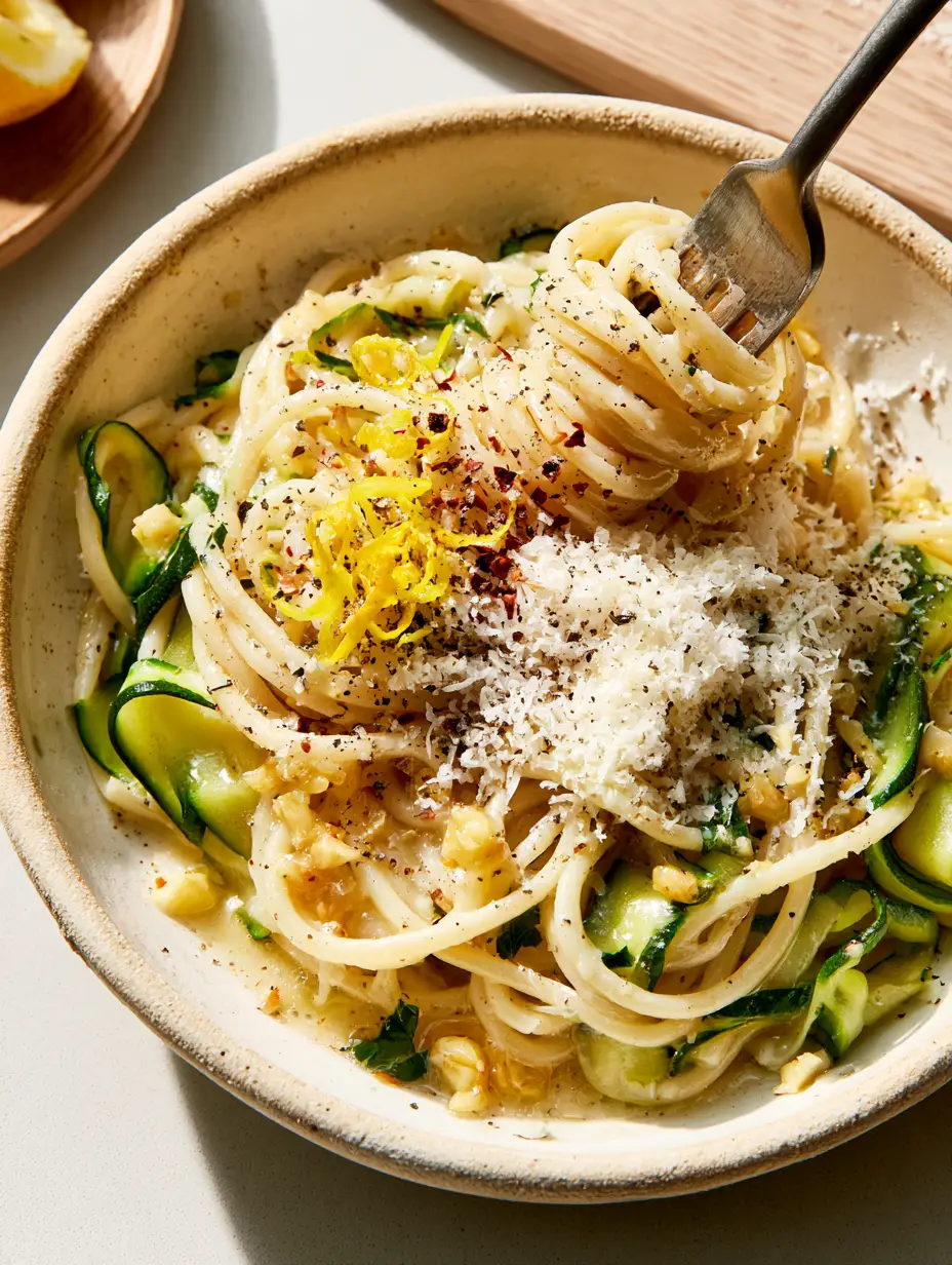 Close up of al dente summer pasta noodles coated in translucent lemon-garlic butter sauce with visible golden garlic bits.