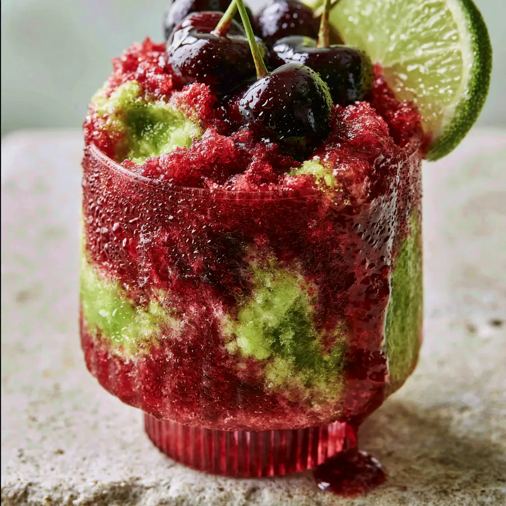 Cherry Limeade Slushies: The Ultimate Gourmet Shaved Ice Recipe 1 Handheld photo of Cherry Limeade Slushies featuring glossy dark cherries on stems and condensation on a ribbed glass.