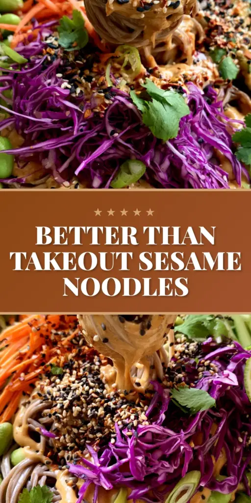 A close-up shot of a sesame noodle salad in a stoneware bowl, featuring glossy soba noodles, purple cabbage, and creamy peanut dressing being lifted by chopsticks.