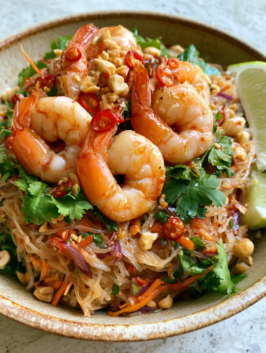 Thai Shrimp Noodle Salad with Zesty Lime and Bird’s Eye Chili 4 Close-up smartphone photo of Thai Shrimp Noodle Salad featuring glossy noodles and large poached shrimp on a stone countertop.