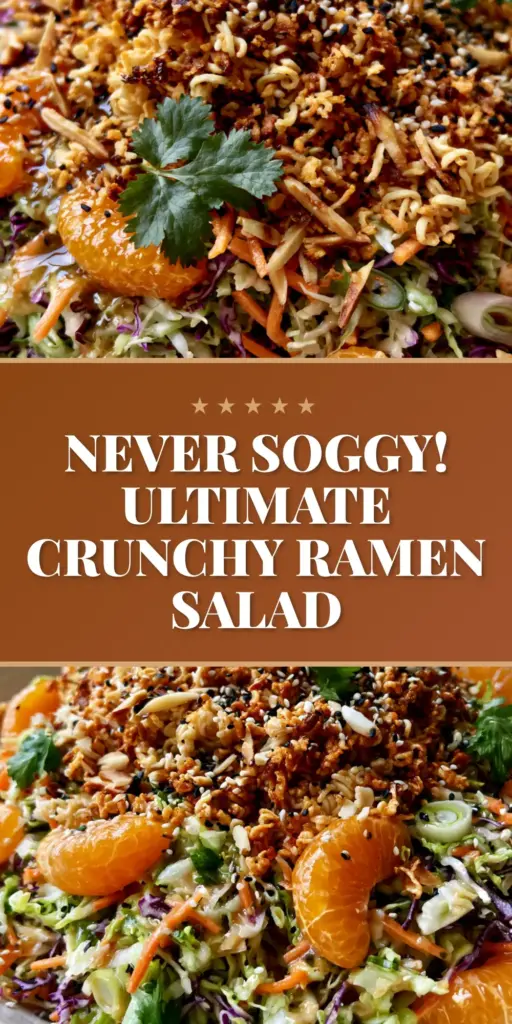 A close-up vertical shot of Ramen Noodle Salad featuring vibrant purple cabbage, golden toasted noodles, and bright mandarin orange segments, topped with sesame seeds.