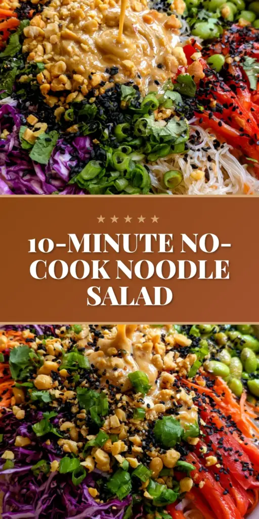 A colorful No Cook Noodle Salad in a white bowl featuring purple cabbage, julienned carrots, and edamame topped with peanut dressing.
