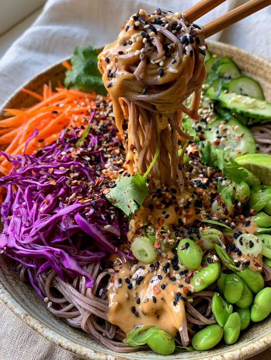 A vibrant bowl of sesame noodle salad showing the light-brown peanut ginger sauce and shredded purple cabbage.