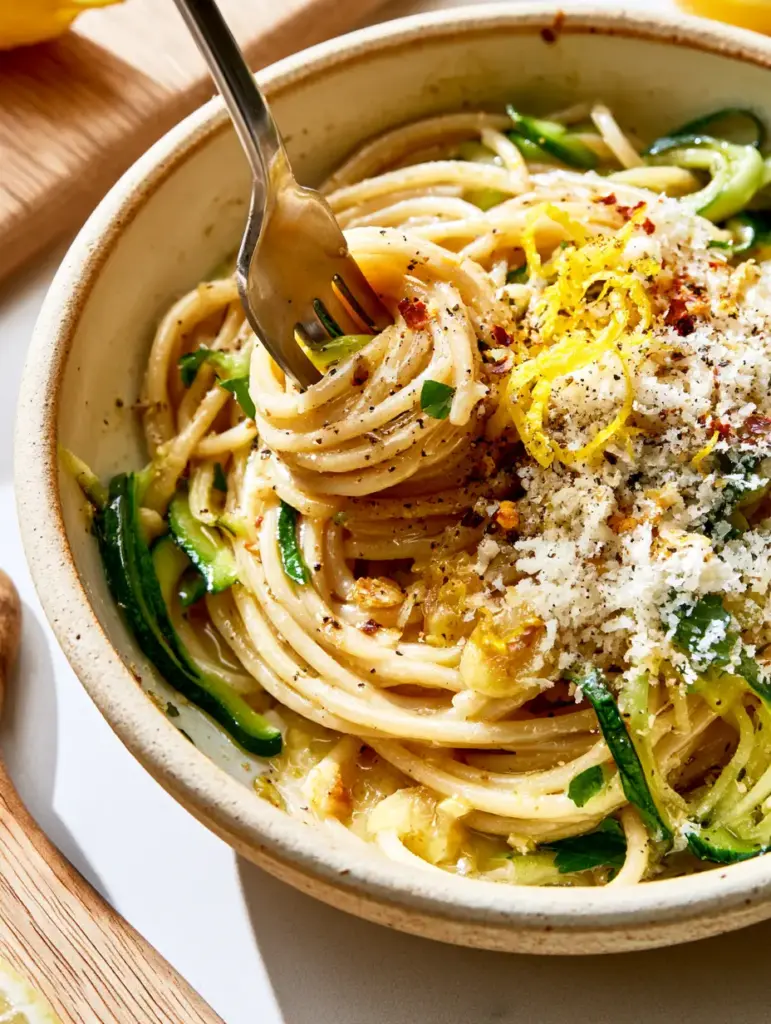 A rustic cream bowl filled with summer pasta, heavily dusted with fluffy parmesan and topped with bright yellow lemon zest curls.