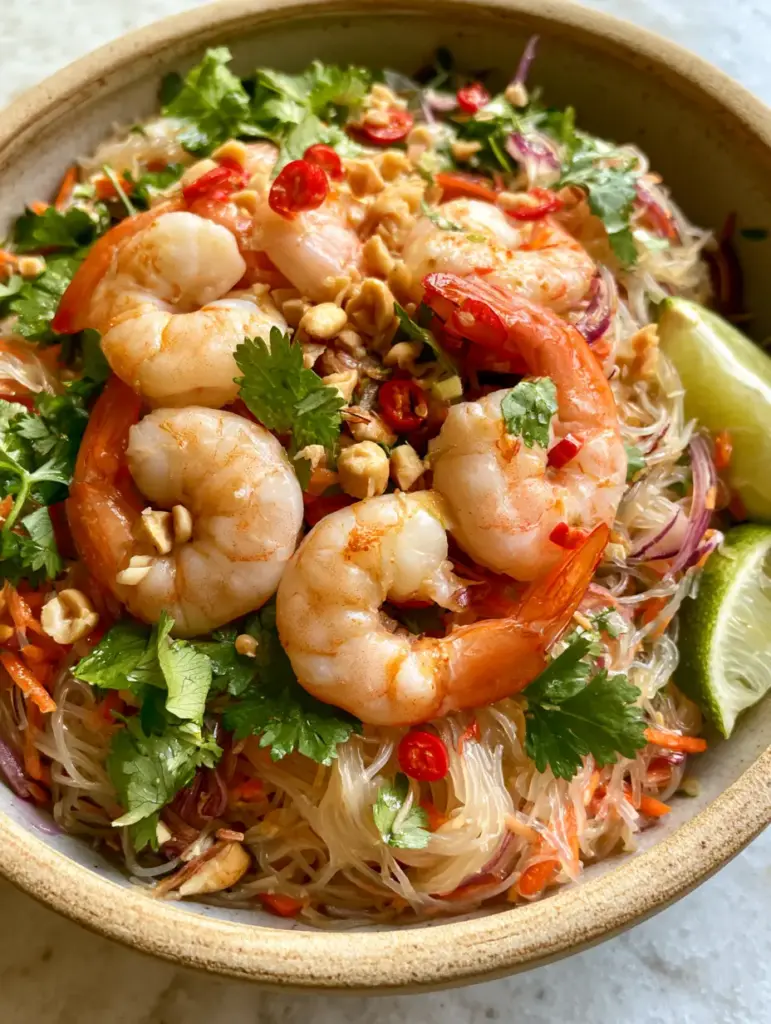 Thai Shrimp Noodle Salad with Zesty Lime and Bird’s Eye Chili 1 Shallow depth of field shot focusing on a single plump poached shrimp with bright orange tail over Thai Noodle Salad.