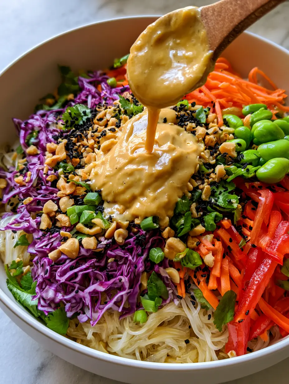 High-angle shot of translucent rice noodles arranged with purple cabbage and orange carrots in a ceramic bowl. (No Cook Noodle Salad)