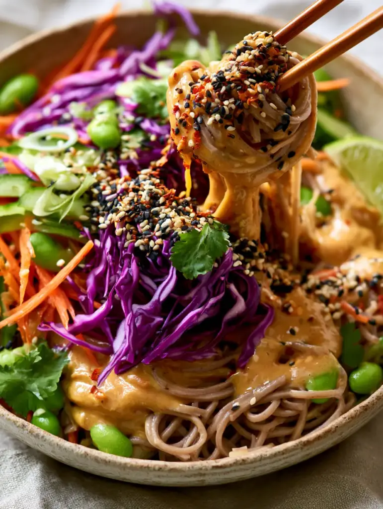 A top-down view of the sesame noodle salad garnished with black and white sesame seeds and fresh lime.
