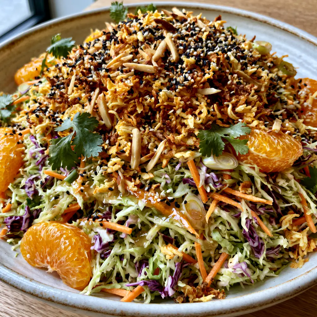 Detail shot of the toasted ramen noodles and slivered almonds scattered over the purple cabbage salad with a glossy dressing.