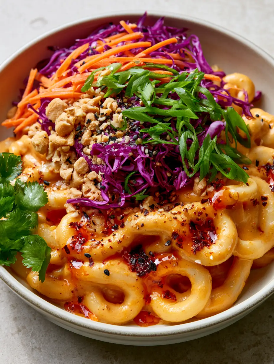 Top-down macro shot of glossy udon noodles in a creamy peanut sauce topped with vibrant purple cabbage and carrots. (spicy Asian noodle salad)