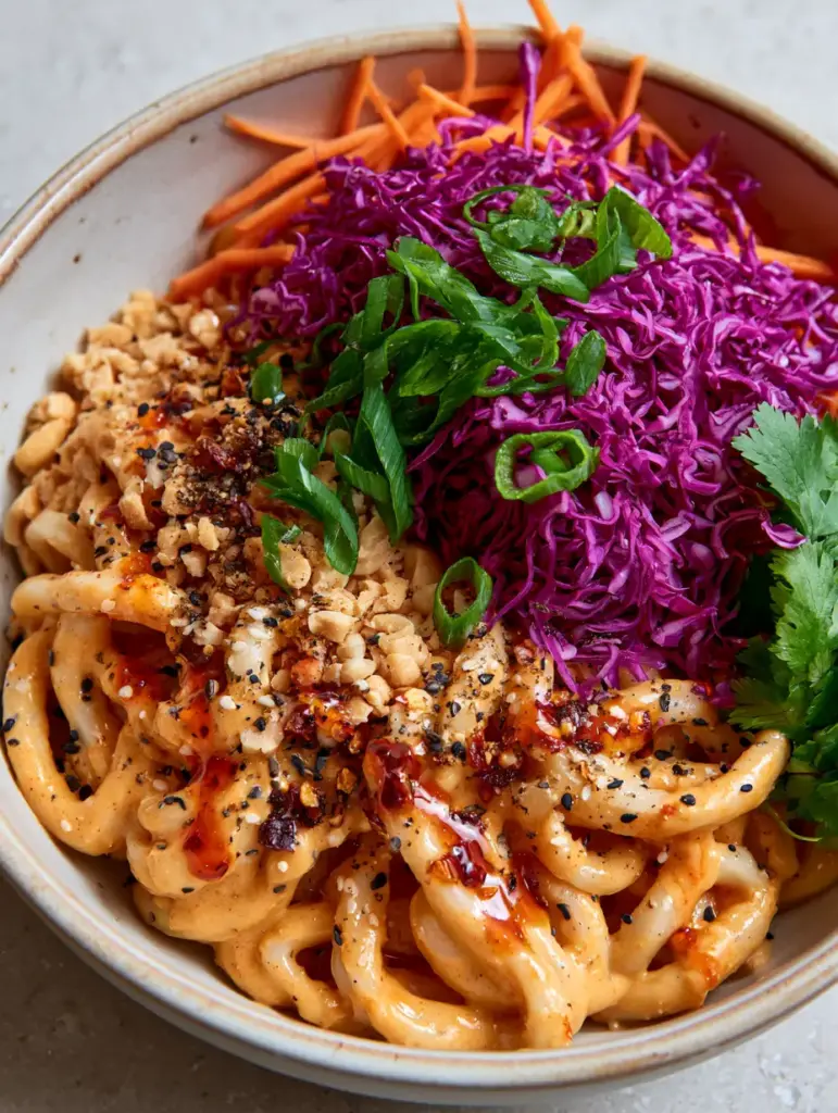 Macro view of spicy Asian noodle salad showing crushed peanuts, sesame seeds, and translucent red chili oil with charred flakes.