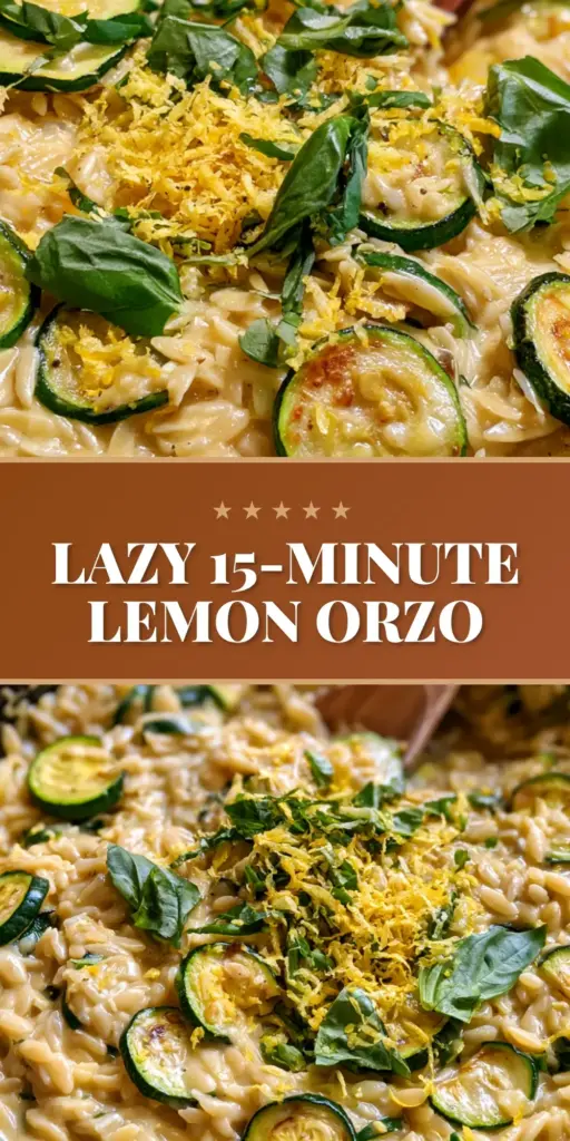 A top-down view of a white ceramic pan filled with glossy lemon orzo with zucchini, garnished with curly lemon zest and basil.