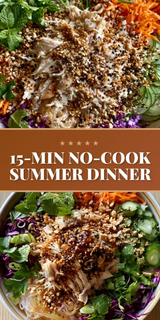 An overhead handheld smartphone photo of a vibrant Cold Rice Noodle Salad with Chicken in a ceramic bowl with crushed peanuts and sesame seeds.