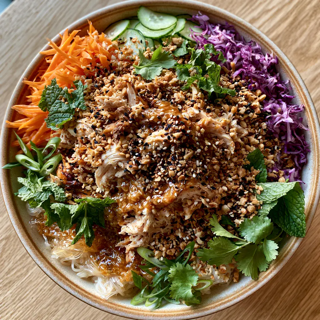 Close up of shredded rotisserie chicken on top of glistening translucent rice noodles.