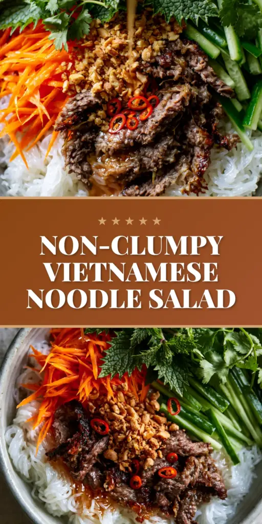Vermicelli Noodle Salad with Lemongrass Grilled Beef 3 A top-down view of a vibrant Vermicelli noodle salad in a ceramic bowl with lemongrass beef, julienned carrots, and mint.