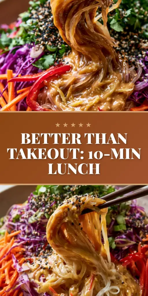 Noodle Salad with Creamy Peanut Sauce and Crunchy Rainbow Vegetables 4 A swirling portion of noodle salad lifted by chopsticks, featuring translucent noodles in creamy peanut sauce with purple cabbage and sesame seeds.