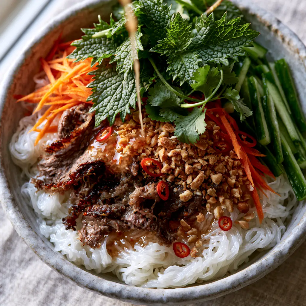 Vermicelli Noodle Salad with Lemongrass Grilled Beef 2 Detailed shot of bouncy rice vermicelli noodles topped with grilled beef and bird's eye chilies. (Vermicelli noodle salad)