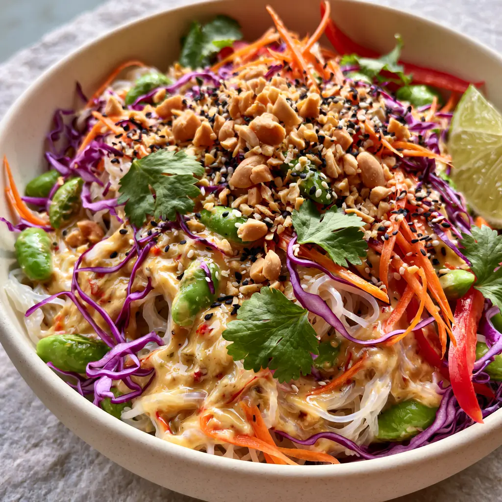 Edamame Rice Noodle Salad with Creamy Golden Peanut Dressing 2 Close up of translucent rice noodles coated in glossy peanut sauce in an Edamame rice noodle salad.