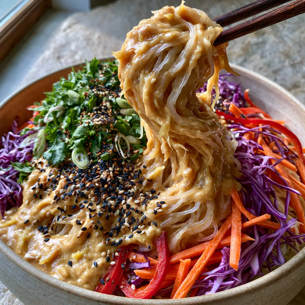 Noodle Salad with Creamy Peanut Sauce and Crunchy Rainbow Vegetables 2 Close up of a noodle salad in a ceramic bowl with ginger-flecked peanut sauce, cilantro, and black sesame seeds.
