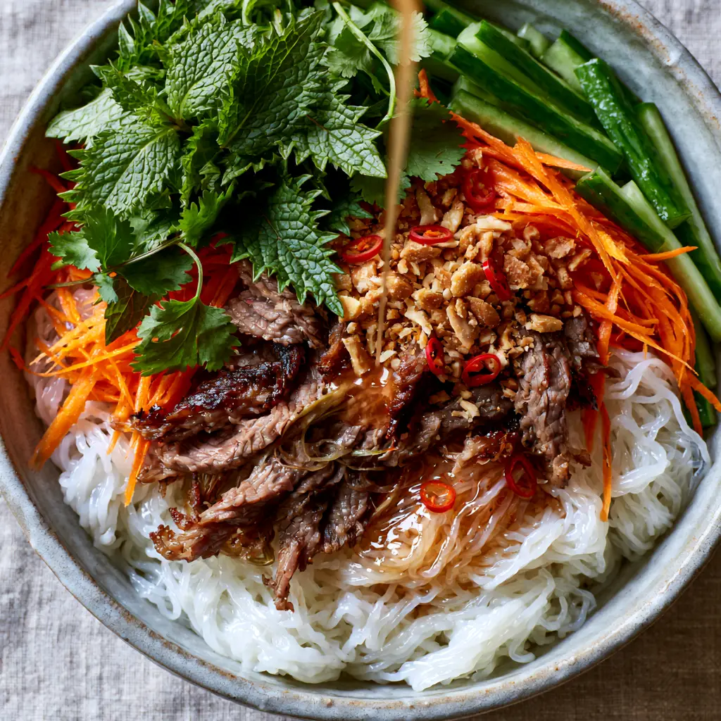 Vermicelli Noodle Salad with Lemongrass Grilled Beef 1 A close-up of amber nuoc cham dressing being drizzled over a fresh Vermicelli noodle salad with peanuts.