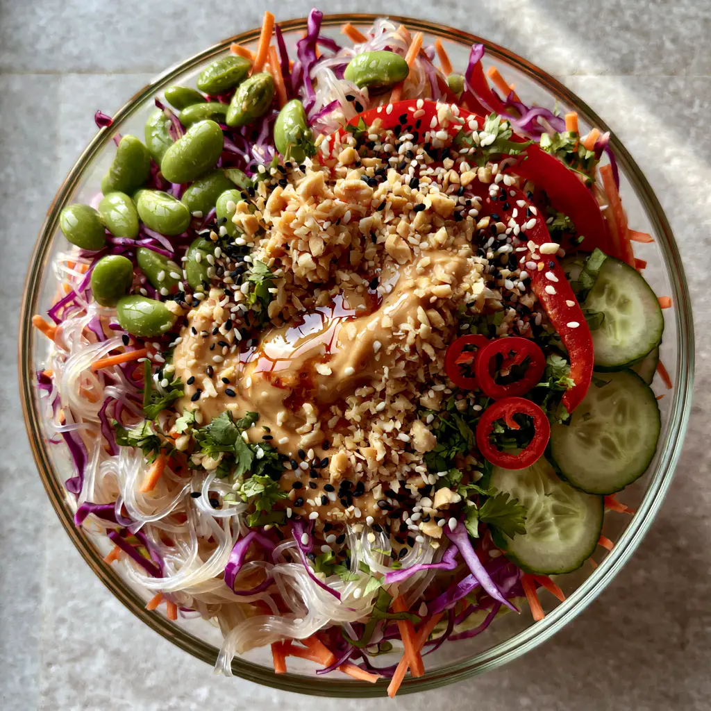Close up of thick creamy peanut dressing drizzled over a vegetable rice noodle salad.