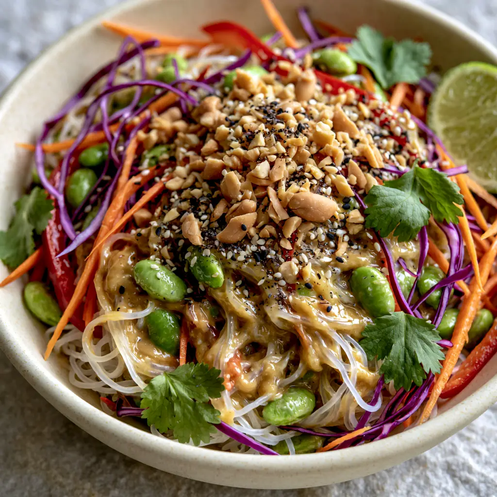 Edamame Rice Noodle Salad with Creamy Golden Peanut Dressing 1 Top down view of Edamame rice noodle salad with shredded cabbage, carrots, and sesame seeds.