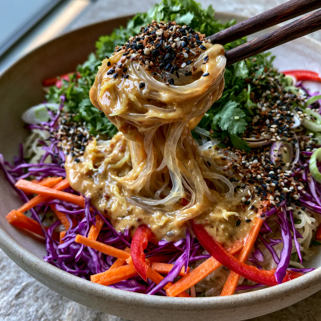 Noodle Salad with Creamy Peanut Sauce and Crunchy Rainbow Vegetables 1 Overhead view of a colorful noodle salad featuring julienned carrots, red bell peppers, and purple cabbage.