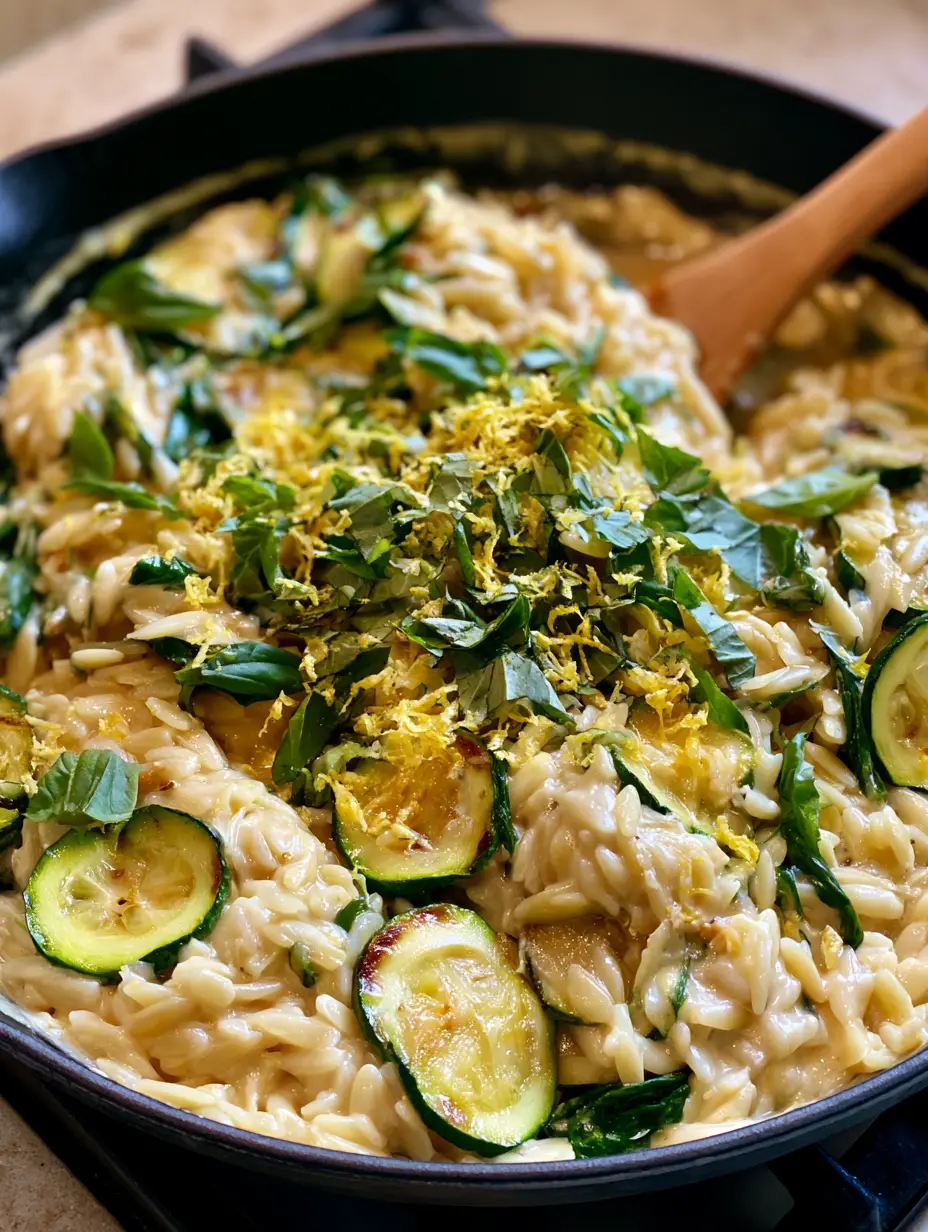 Close-up of seared zucchini coins and velvety pale-yellow lemon cream sauce in a lemon orzo with zucchini dish.