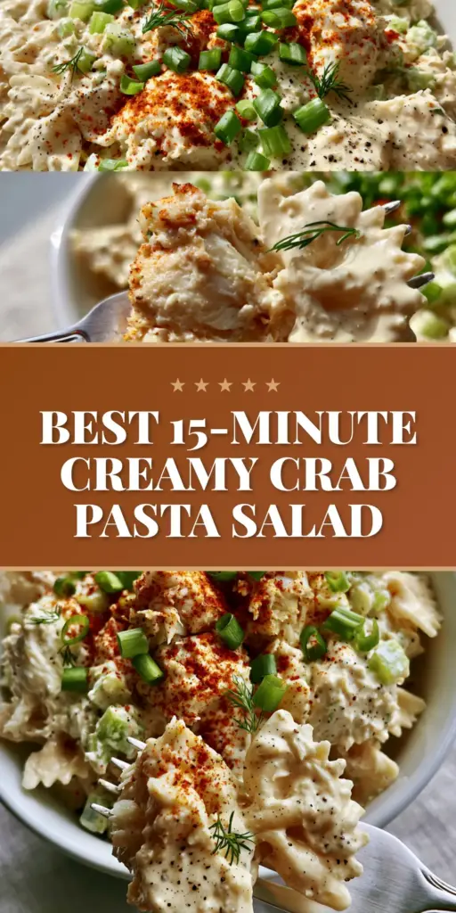A vertical split-screen food photography shot of a creamy crab pasta salad. Top shows the bowl, bottom shows a macro fork lift of a massive lump of crab and bowtie pasta.