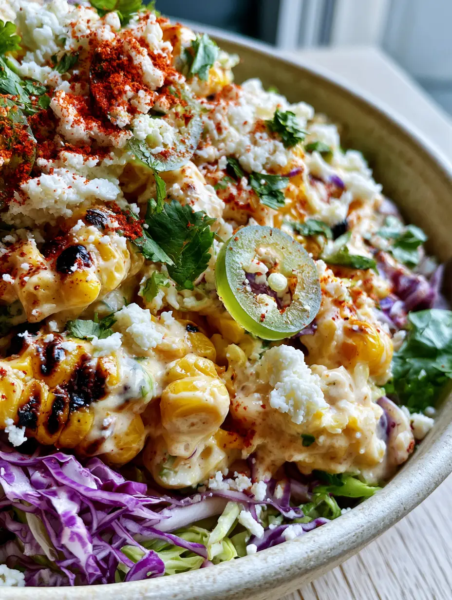 A shallow bowl of vibrant spicy corn slaw featuring shredded green and purple cabbage and glossy dressing. (spicy corn slaw)