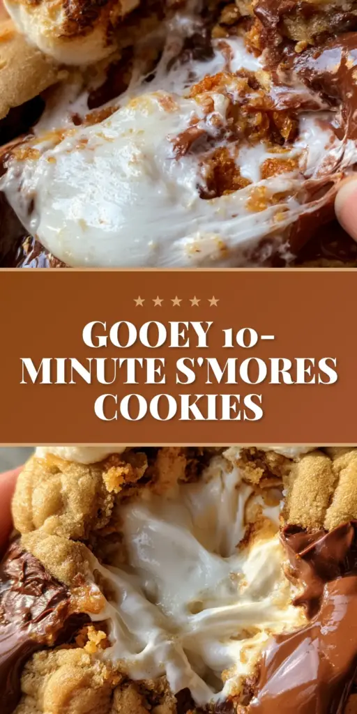 S’mores Cookies: The Ultimate Gooey Marshmallow Pull Recipe 4 A close-up of a thick S’mores Cookie being pulled apart to reveal a stretchy, gooey white marshmallow center with chocolate puddles.