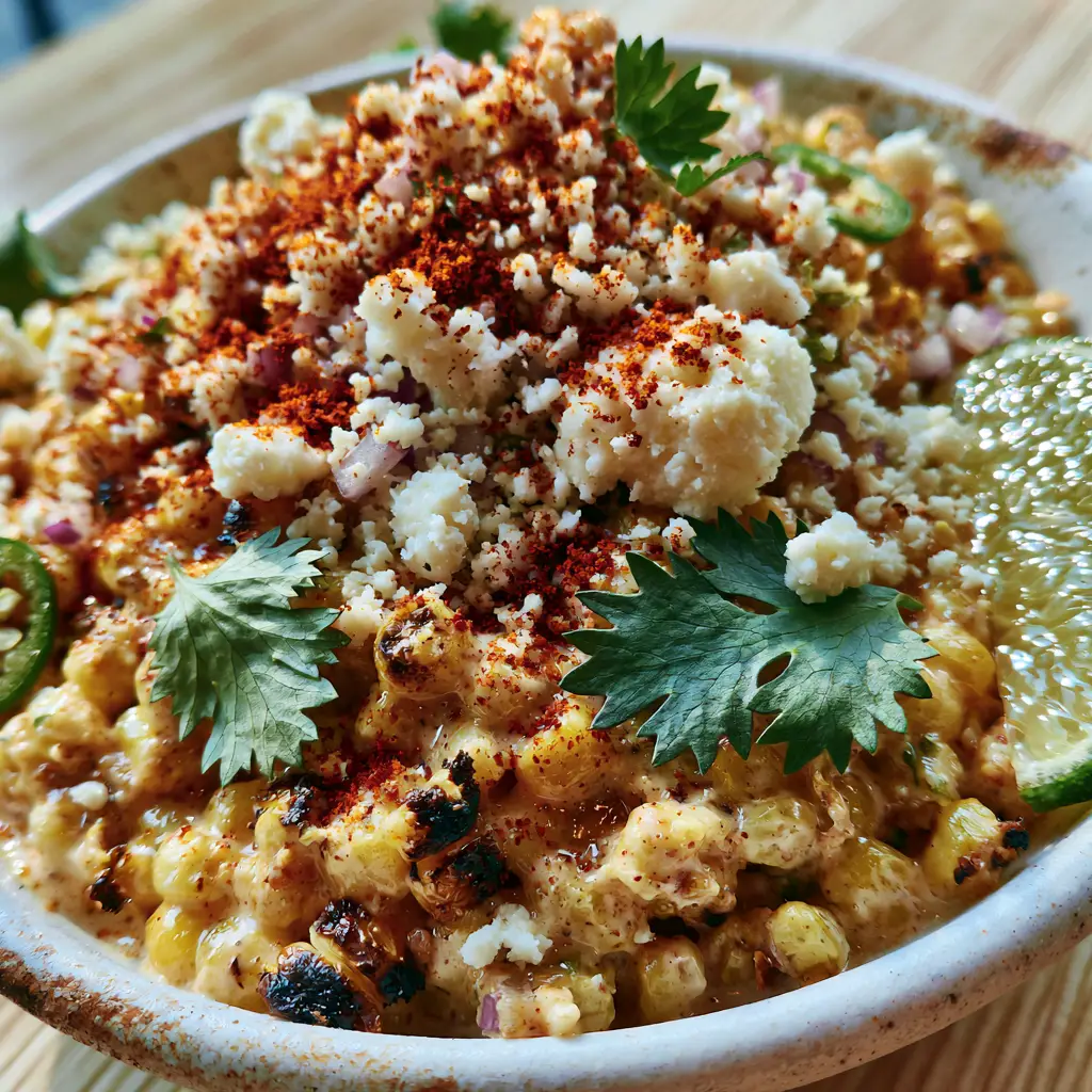 Summer Corn Salad with Charred Sweet Corn and Creamy Lime Dressing 2 Extreme close-up of summer corn salad showing charred kernels, glossy dressing, and red onion. (summer corn salad)