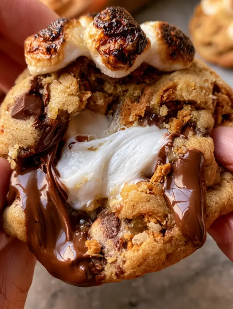 Thick golden-brown S’mores Cookies with melted semi-sweet chocolate chunks and charred marshmallow toppings on a stone counter.
