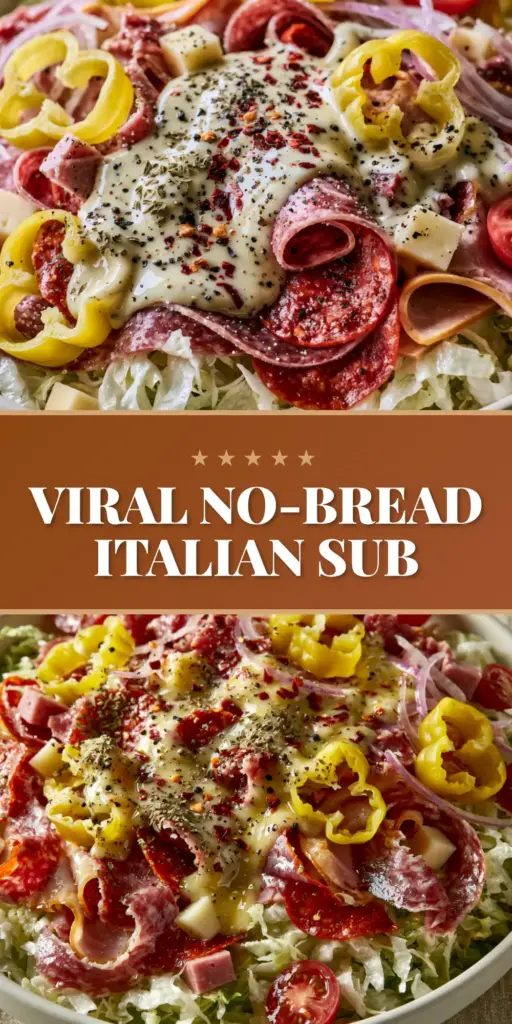 A vertical close-up of a loaded Grinder Salad with shredded lettuce, deli meats, provolone, and creamy dressing in a white bowl.