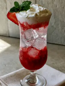 Close up food photography of Homemade Fruit Irish Cream Soda showing tiny carbonation bubbles and a sharp cream line.