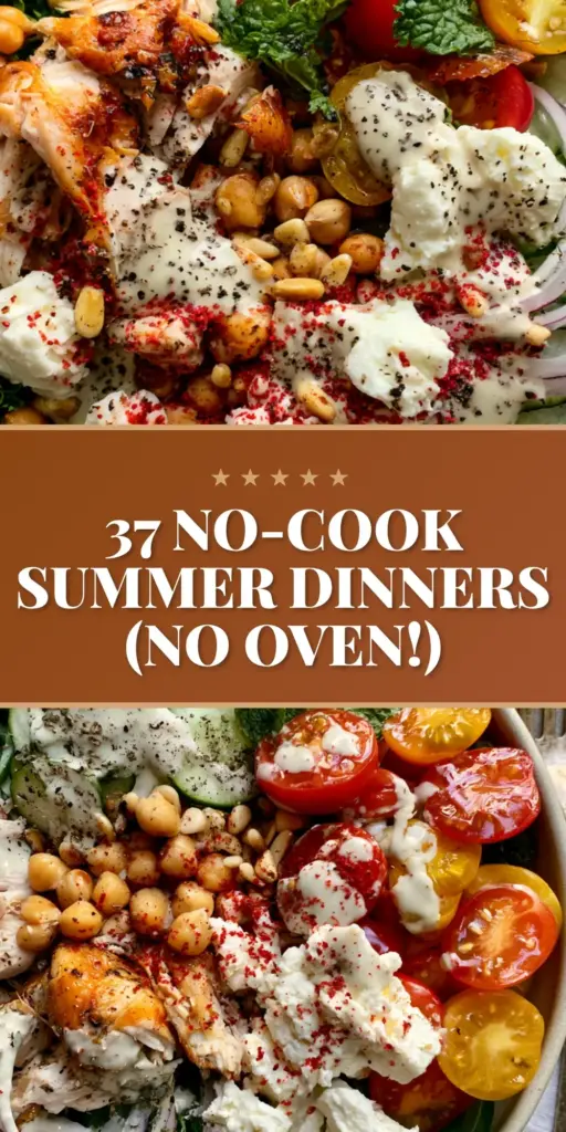 A vibrant Mediterranean power bowl with rotisserie chicken, chickpeas, and feta for summer dinner recipes.