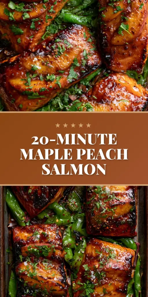 A top-down smartphone photo of Maple Peach Glazed Salmon on a rustic sheet pan with charred peaches and blistered snap peas.