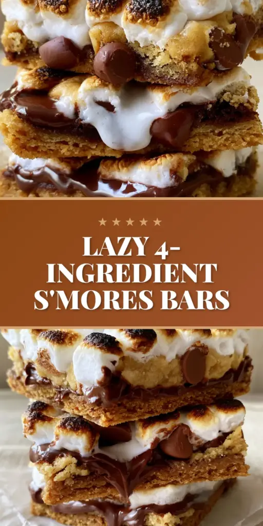 A stack of three thick Smores Cookie Bars on parchment paper showing the graham crust and toasted marshmallows.