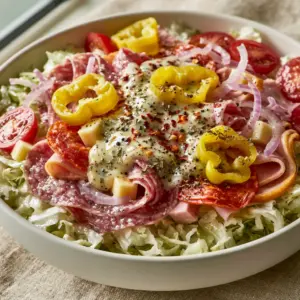 High-angle shot of Italian Grinder Salad featuring ribbons of salami, pepperoni, and honey ham over crisp iceberg lettuce.