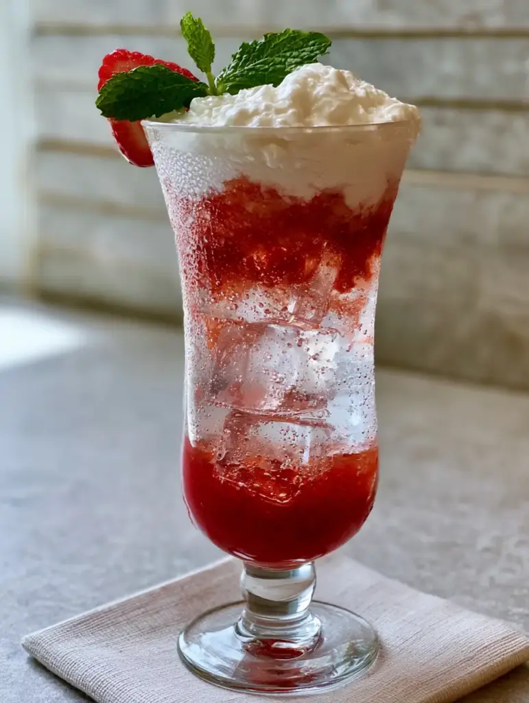 Homemade Fruit Irish Cream Soda: The Ultimate Layered Summer Refresher 1 Homemade Fruit Irish Cream Soda served on a linen napkin with a grey stone background in natural daylight.